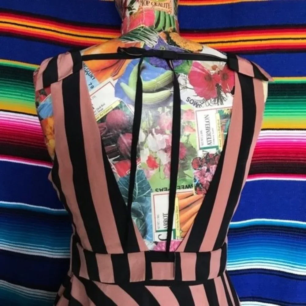 Minuet Silky Striped Open Back Dress Cowl Tie Bubble